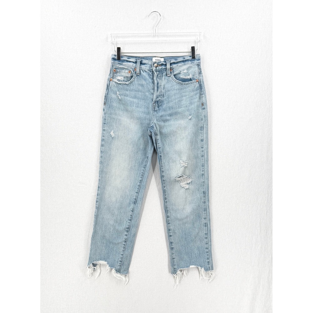 Pistola Denim Jeans Women 27 Blue Distressed Raw Hem High Rise Straight Leg - Picture 3 of 16